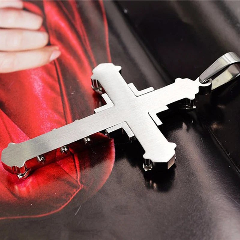 SUMENG 2025 New Male Crystal Cross Jesus Pendant Gold/Black/Blue Color Zirconia Necklace Stainless Steel Jewelry