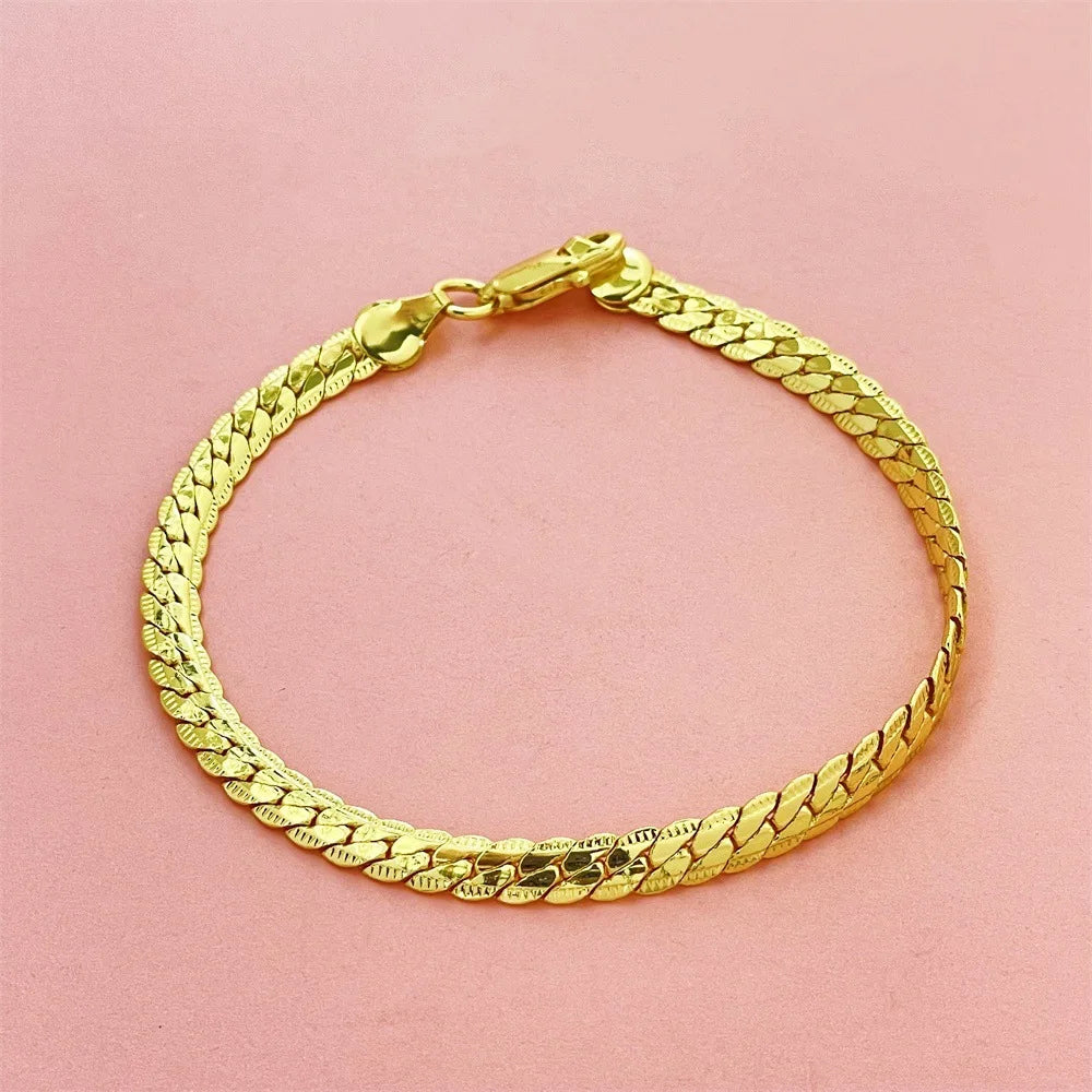 Luxury 24K 9999 Pure Gold real gold Men's and Women's Bracelet 5mm Flat Snake Bone Bracelet