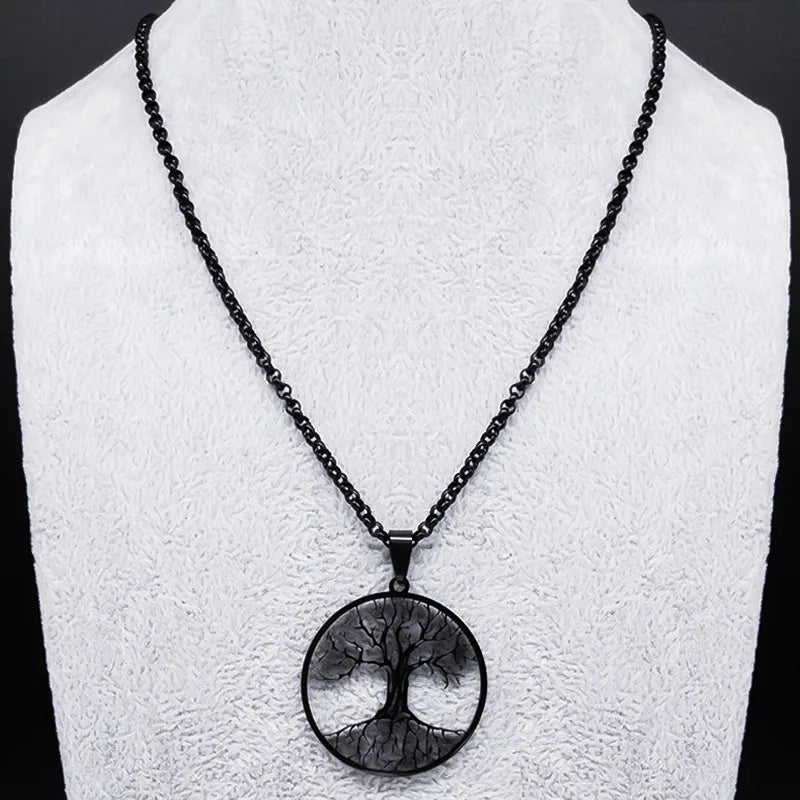2025 Tree of Life Stainless Steel Long Necklace for Men Black Color Necklaces & Pendants Jewelry cadenas para hombre N834S03