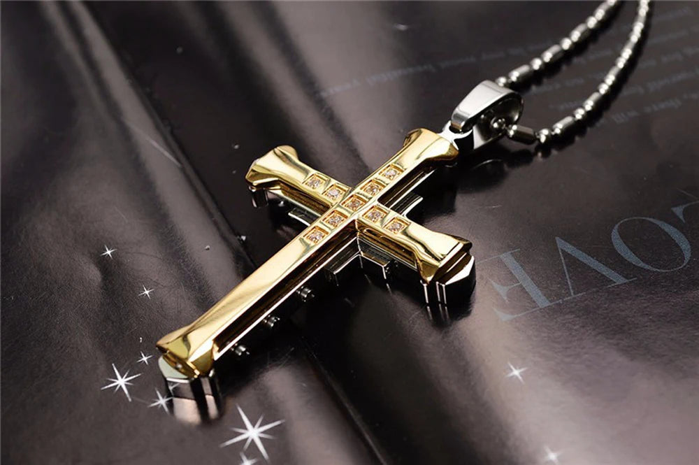 SUMENG 2025 New Male Crystal Cross Jesus Pendant Gold/Black/Blue Color Zirconia Necklace Stainless Steel Jewelry