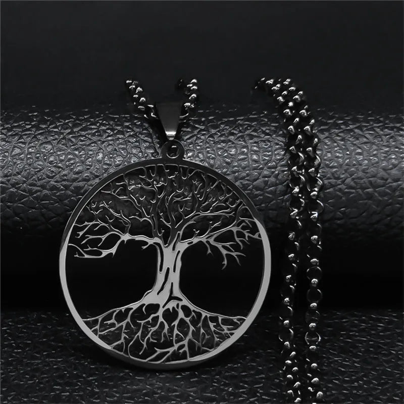 2025 Tree of Life Stainless Steel Long Necklace for Men Black Color Necklaces & Pendants Jewelry cadenas para hombre N834S03