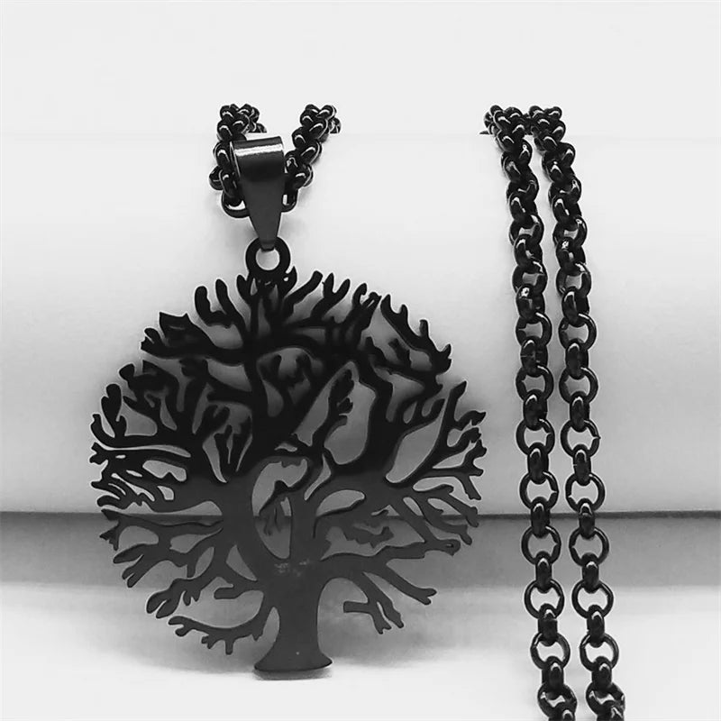 2025 Tree of Life Stainless Steel Long Necklace for Men Black Color Necklaces & Pendants Jewelry cadenas para hombre N834S03