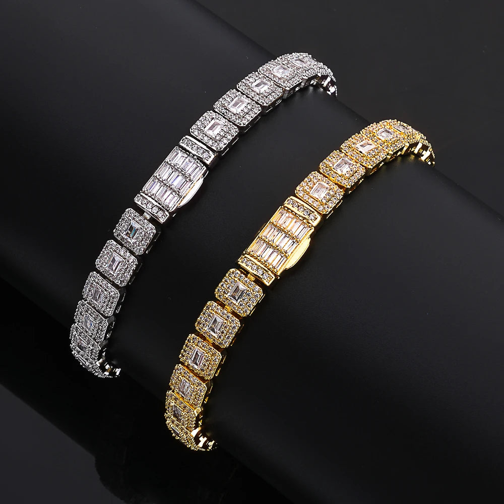 NY 7.5mm High Quality Silver/Gold Plated Clustered Tennis Bracelet Hip Hop Jewelry Iced Squre Diamond Tennis Chain Women