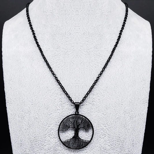 2025 Tree of Life Stainless Steel Long Necklace for Men Black Color Necklaces & Pendants Jewelry cadenas para hombre N834S03