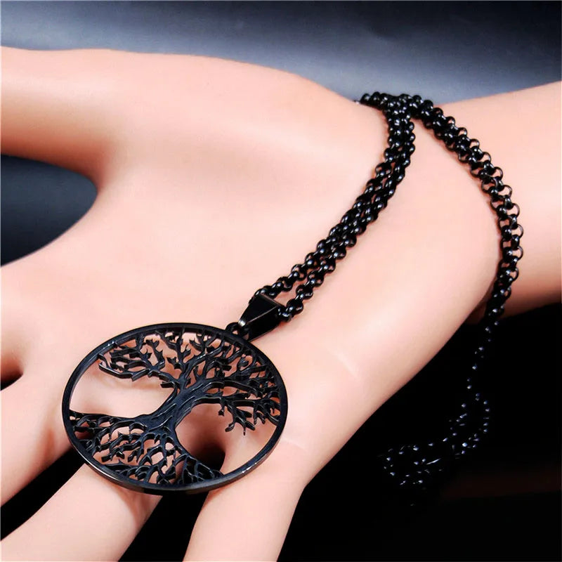 2025 Tree of Life Stainless Steel Long Necklace for Men Black Color Necklaces & Pendants Jewelry cadenas para hombre N834S03