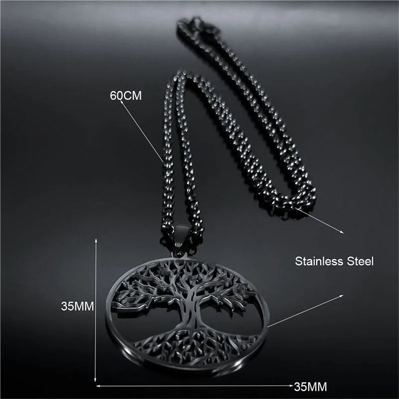 2025 Tree of Life Stainless Steel Long Necklace for Men Black Color Necklaces & Pendants Jewelry cadenas para hombre N834S03