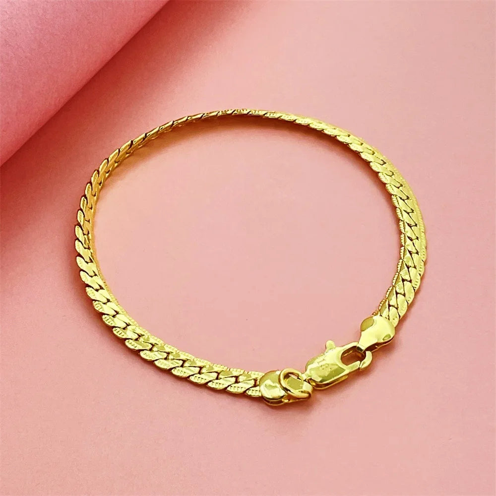 Luxury 24K 9999 Pure Gold real gold Men's and Women's Bracelet 5mm Flat Snake Bone Bracelet